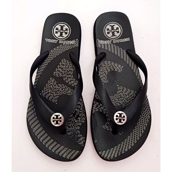 Tory Burch Emory Thong Flips Flops Blk/White Silver Logo 1/2" Straps Sz 8 - Picture 1 of 9